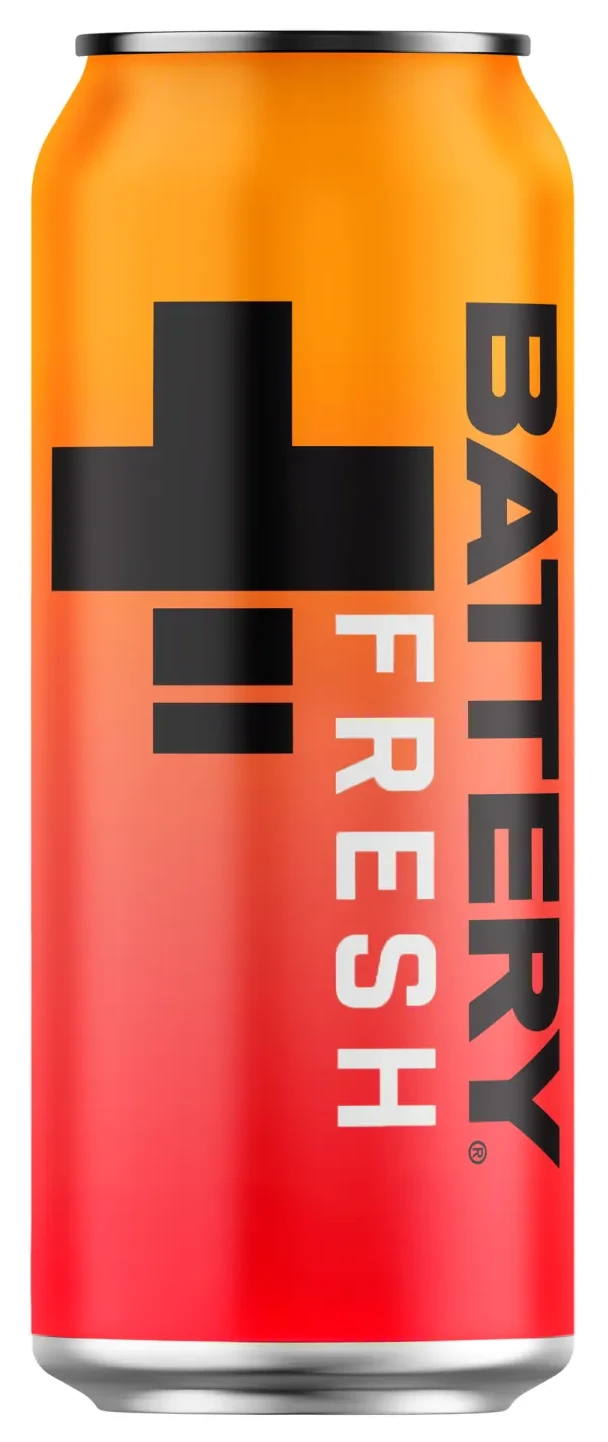 Battery Fresh Exotic Fruit can with an orange-to-red gradient, a large black battery symbol, vertical black BATTERY lettering, and white FRESH lettering.