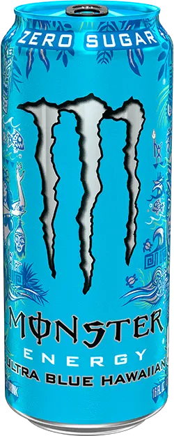 Turquoise-blue Monster Energy Ultra Blue Hawaiian can with tropical line drawings, a silver claw logo, and Zero Sugar around the rim.