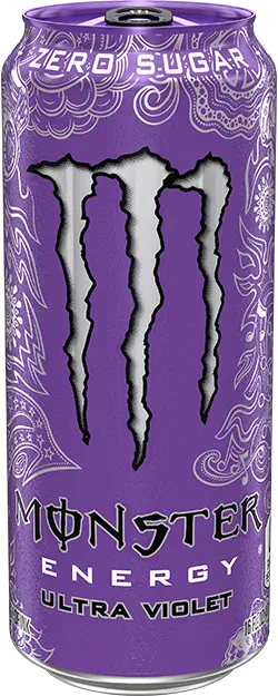 Deep purple Monster Energy Ultra Violet can with fine silver decorative patterns, a silver claw logo, and Zero Sugar around the rim.