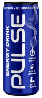 Deep blue PULSE Blueberry can with large vertical white lettering, fine white wave lines, and Blueberry Limited Edition text around the rim.