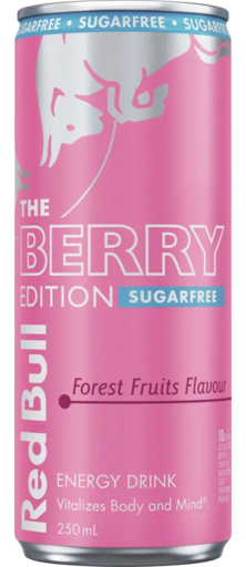 Pink Red Bull Pink Edition can labelled Wild Berries, with silver bulls, blue Sugarfree bands, and droplets on the can.