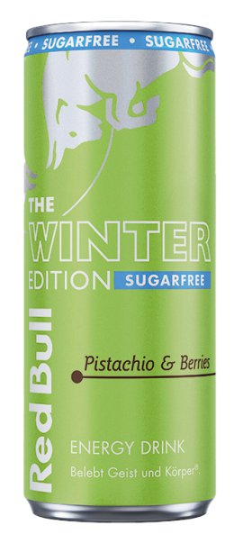 Pistachio-green Red Bull Winter Edition can labelled Pistachio & Berries, surrounded by pistachios against a turquoise-to-pink background.